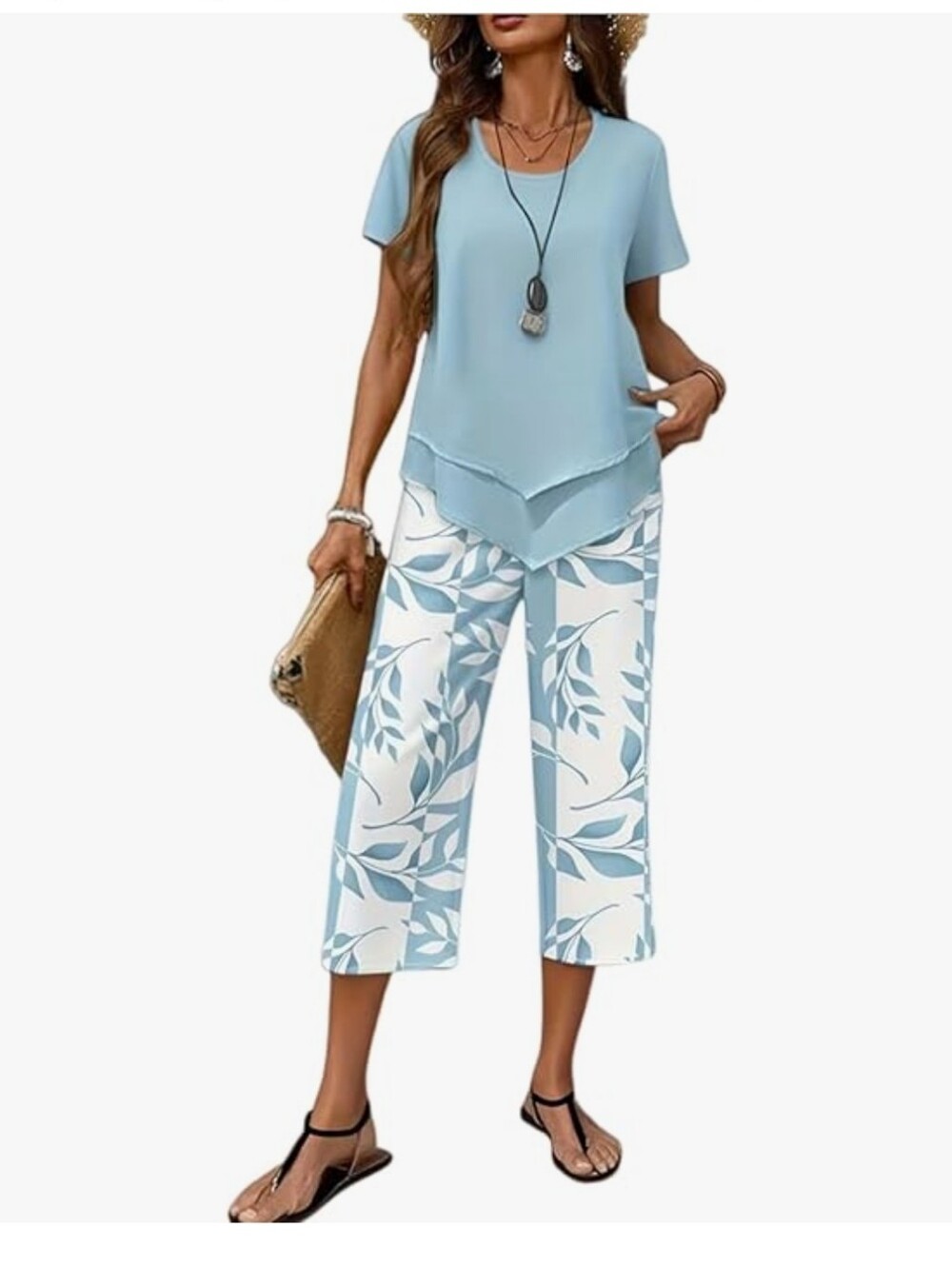 Sky Blue Floral Wide-Leg Set #135